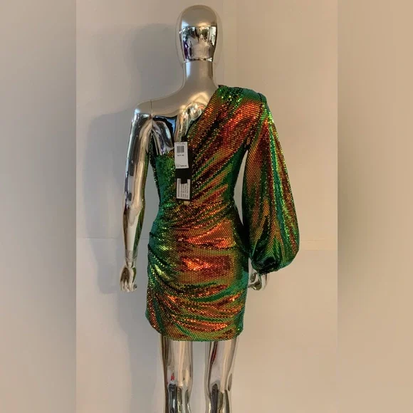 Bronx and Banco Galaxy Petrol One Shoulder Sequin Dress